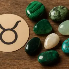 Symbol Byka obok zielonych i turkusowych kamieni. Idealny kamień dla byka, który ceni piękno natury.
