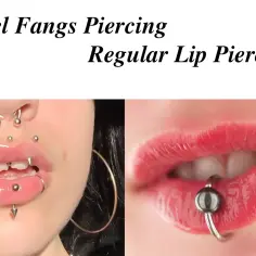 Usta z kolczykami, w tym angel fangs, oraz zbliżenie na usta z kolczykiem.