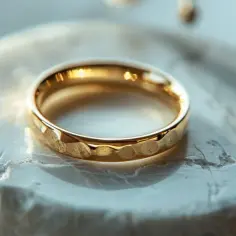 Złoty pierścionek z młotkowaną fakturą, próba złota 375, prezentuje się elegancko na kamiennej podstawie.