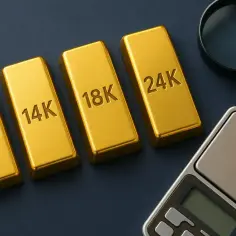 Sztabki złota 10K, 14K, 18K, 24K obok wagi i lupy. Zastanawiasz się, ile kosztuje gram złota w wyrobie jubilerskim?