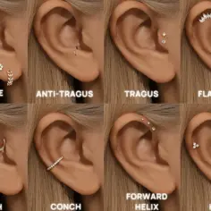 Osiem kolczyków w uchu: lobe, anti-tragus, tragus, flat helix, daith, conch, forward helix i helix. Wiele z nich tworzy ukrytą spiralę.