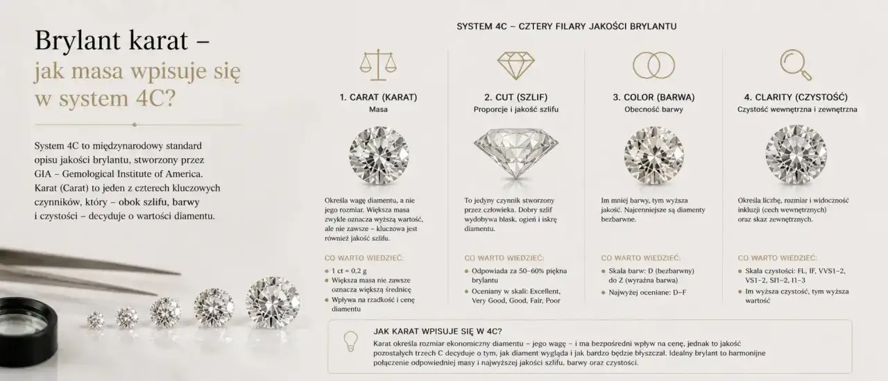 Karat (masa) to jeden z 4C decydujących o tym, ile kosztuje diament. Większa masa zwykle oznacza wyższą wartość, ale kluczowa jest też jakość szlifu, barwy i czystości.